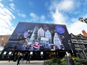 Christmas display printed on mesh scaffolding wrap