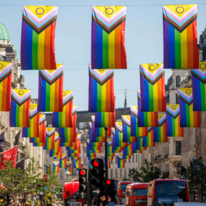 Promotional printed feather flags. These are London Pride Flags
